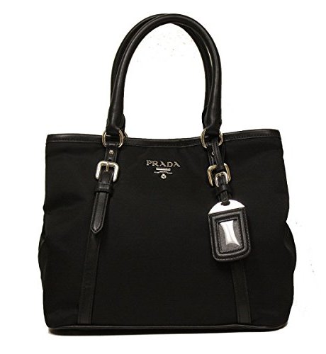 Prada Black Tessuto Soft Calf Leather Bowling Bag Medium Top Handle Handbag with Shoulder Strap BN1841