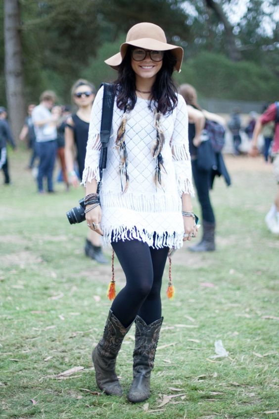 feathers, knitwear, tights, and cowboy boots... not over the top when all in great neutrals