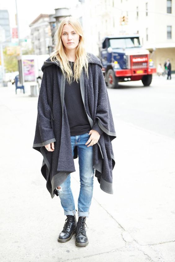 Dr. Martens boots; Gap jeans; T by Alexander Wang shirt; Edun cape