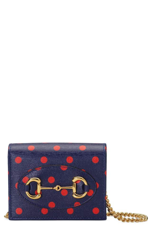 GUCCI 1955 Horsebit Polka Dot Leather Wallet on a Chain, Main, color, BLUE/ ORANGE