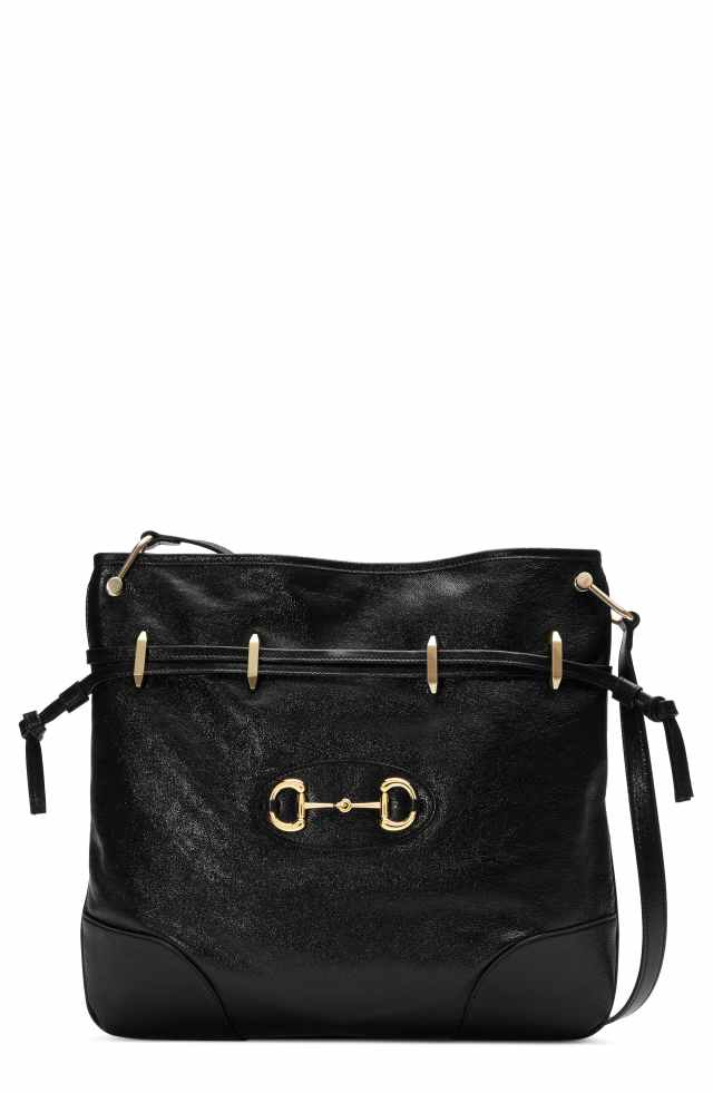 GUCCI Large 1955 Horsebit Leather Messenger Bag, Main, color, NERO