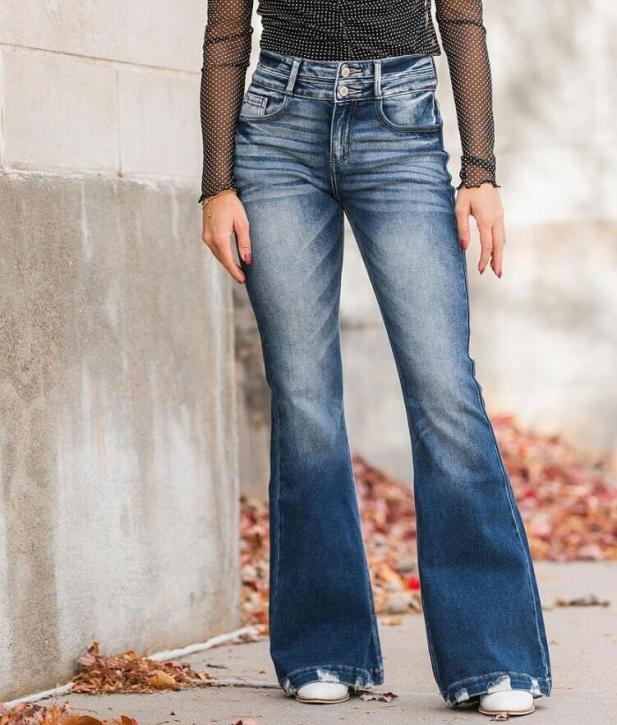 High Rise Flare Stretch Jean with flat shoes