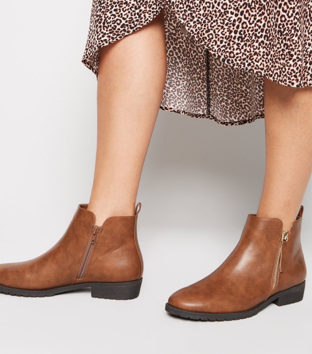 Tan-Leather-Look-Flat-Ankle-Boots