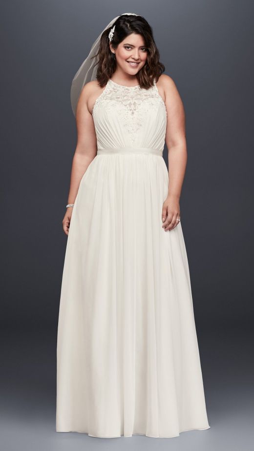 Beaded Chiffon Halter Plus Size Wedding Dress | David's Bridal | Halter wedding dress, Davids bridal wedding dresses, Plus size wedding gowns