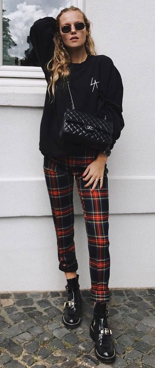 What To Wear With Plaid Pants Black Sweatshirt Plus Bag Plus Boots | Plaid pants outfit, Plaid outfits, Trendy fall outfits