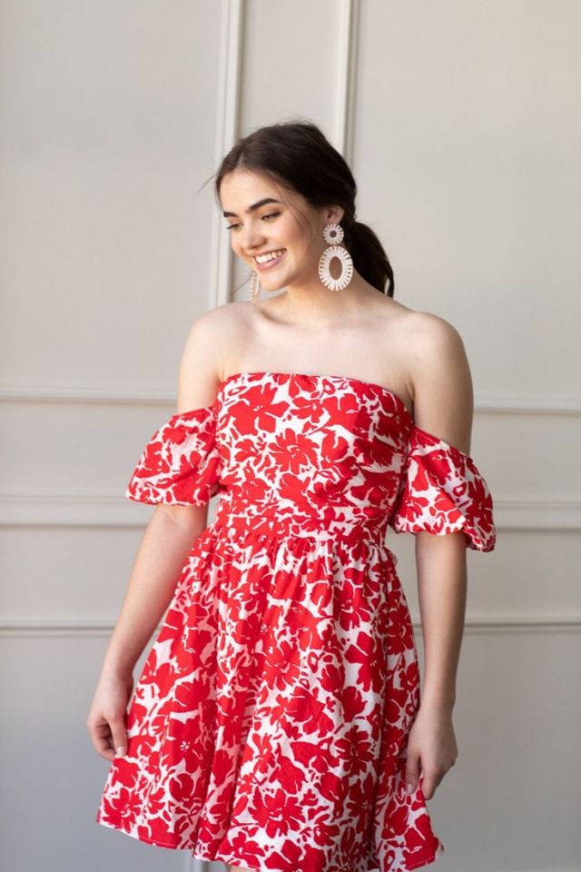 Monica Off the Shoulder Red Print Dress  Print dress, Dresses, Bubble dress